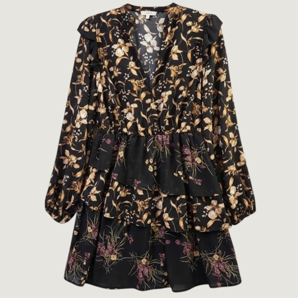 Entro Floral Ruffle Tiered Dress Women's Large Black Boho Whimsygoth Long Sleeve